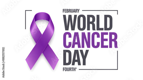 World Cancer Day poster with purple awareness ribbon and bold typography for February 4 health awareness.