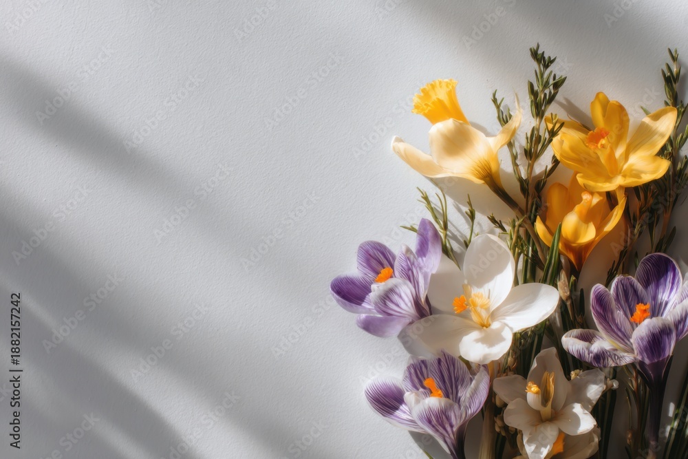 Fototapeta premium Colorful bouquet of crocus and daffodil flowers arranged on a white background with soft shadows creating a serene atmosphere and ample copy space for text