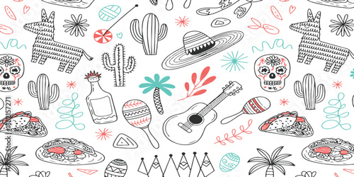 Traditional Mexican culture doodle pattern with guitar, tequila, tacos, and sugar skulls, festive hand-drawn elements