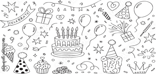 Birthday party celebration doodle set with cake, balloons, gift boxes, and party hats in sketchy line art
