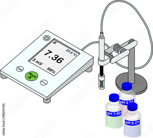 3D isometric laboratory pH meter with 3 buffer pH 4.01, 7.00, 9.21