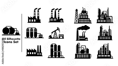 Vector illustration collection of black silhouette icons representing oil, energy, and industrial extraction concepts, suitable for info graphics and industry-related designs.