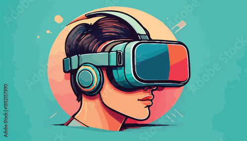 Woman wearing virtual reality headset illustration.