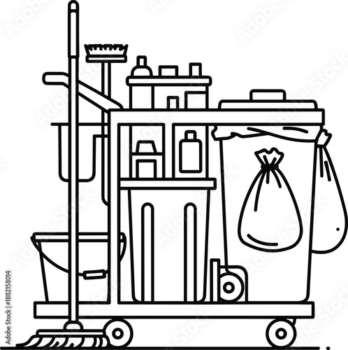 Cleaning service trolley with mop bucket and janitorial supplies icon for housekeeping, cad drawing flat vector illustration, isolated on white background set.