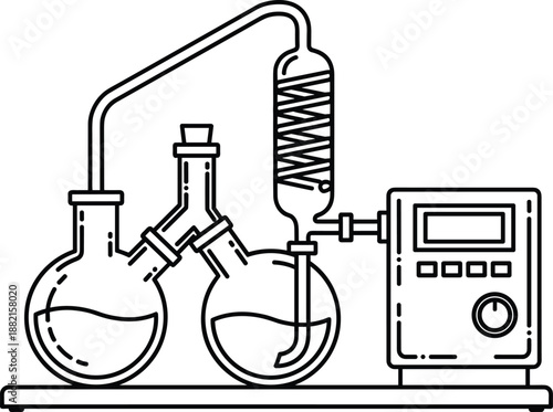 Chemical laboratory distillation apparatus with flasks and condenser coil, scientific experiment equipment cad drawing flat vector illustration for chemistry education and research
