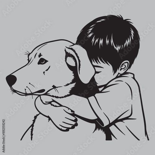Boy Hugging Dog Emotional Silhouette vector design art and illustration