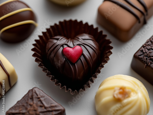 Heart-Shaped Chocolate Praline with Red Heart Decoration on White Background