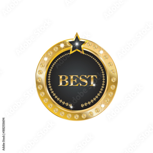 Shiny golden award medal with star, crown, and "best" text on a black and gold rosette