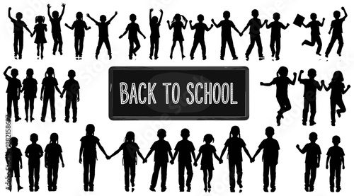 Back to School Silhouette Illustration – Energetic Children Around Chalkboard Sign