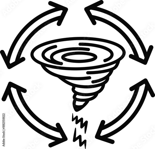 Tornado and hurricane storm icon with rotating wind arrows for weather forecasting, cad drawing flat vector illustration, isolated on white background.