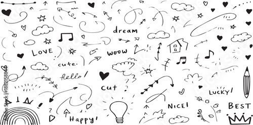 Large Set of Hand-Drawn Black and White Doodle Elements Including Arrows Hearts Clouds and Motivational Words for Creative Designs