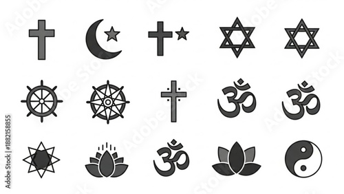 Religious symbols from various faiths on white background