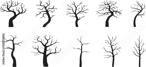 Black Silhouette Bare Tree Set with Spooky Branches for Halloween and Winter Landscape Design Projects
