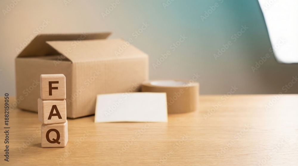 Fototapeta premium FAQ wooden blocks with cardboard box, ecommerce customer support