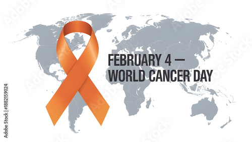 World Cancer Day awareness illustration with orange ribbon and global map background for February 4 health campaign.