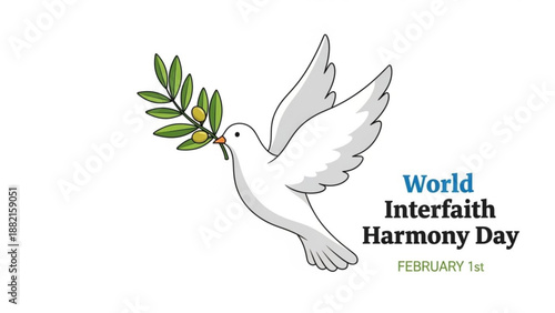 World interfaith harmony day dove with olive branch flying