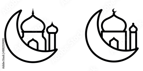 Minimalist line art illustration of crescent moon and mosque for islamic design vector.