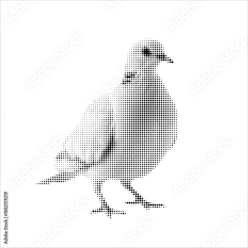 Dove in halftone style, black and white graphic illustration, vintage print effect, dot pattern shading, high contrast, minimalism, retro poster look, clean background, detailed silhouette, artistic