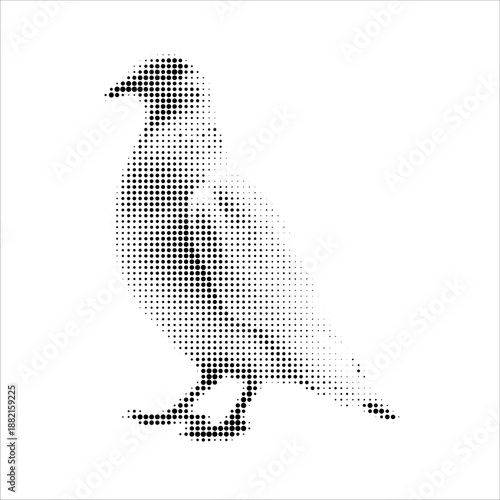 Dove in halftone style, black and white graphic illustration, vintage print effect, dot pattern shading, high contrast, minimalism, retro poster look, clean background, detailed silhouette, artistic
