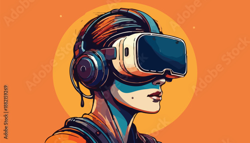 Woman wearing virtual reality headset and headphones.