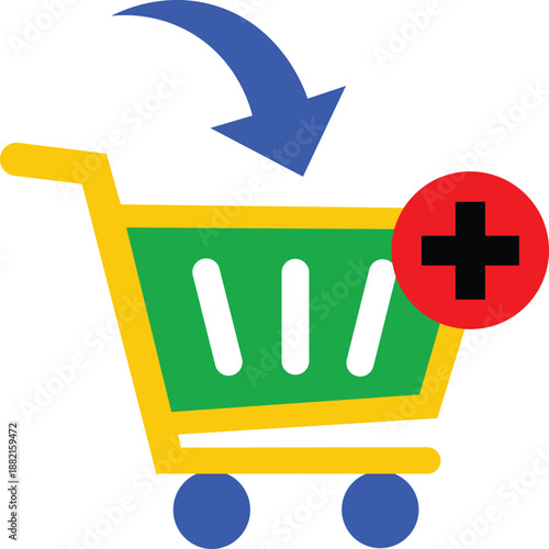 Yellow shopping cart with green basket and blue arrow adding with red plus sign grocery cart