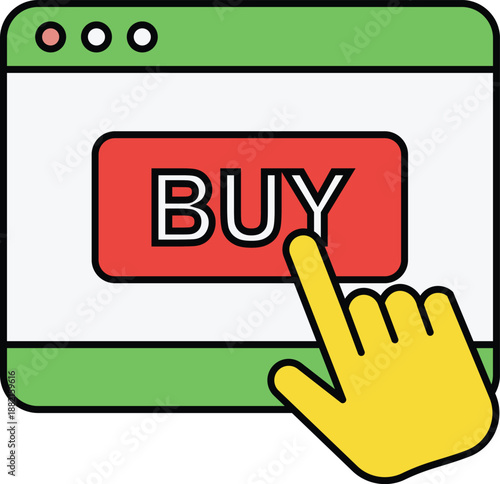 Yellow hand cursor clicking red buy button on green browser window online shopping e-commerce
