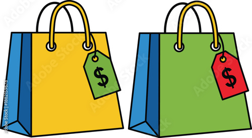 Two colorful shopping bags with dollar sign price tags dollar signs yellow bag