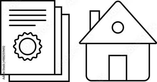 Stacked documents with seal next to simple house outline paper certificate