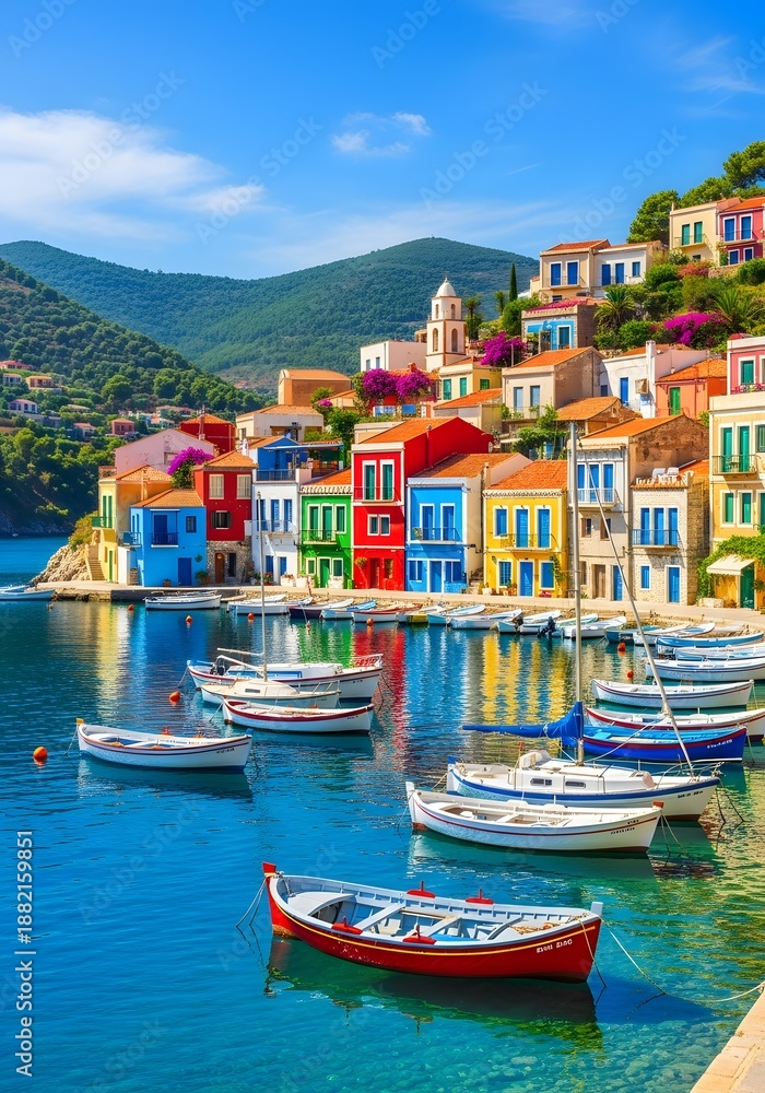 Fototapeta premium Colorful houses and boats in assos kefalonia greece under a bright blue sky on a sunny day