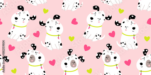 Cute seamless pattern with dalmatian dogs and hearts. Valentine's Day adorable background with animals. Flat vector illustration.