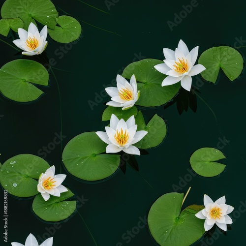 A seamless, elegant floral pattern featuring stylized white lilies and green leaves floating on a pond surface, suitable for fabric or wallpaper design ,flower ,stylized ,textile design
