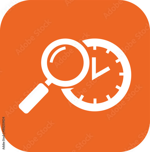 White magnifying glass over clock face on orange background time search