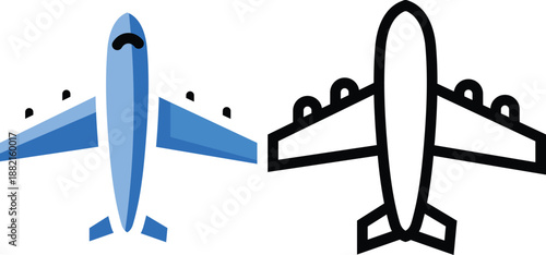 Two stylized airplanes one blue and one black outline on white aircraft travel