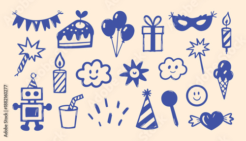 Hand drawn blue doodle birthday party icon set with cake balloons gifts and cute celebration elements