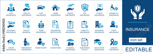Insurance icon set. featuring life, health, car, home, travel, cyber, and business insurance symbols for financial and legal web design.