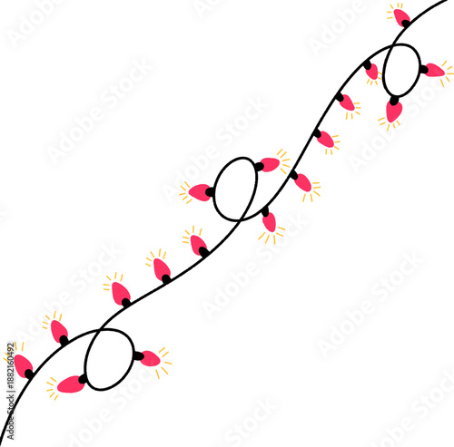Glowing lightbulbs on a black wire, Hand drawn vector illustration of festive string lights