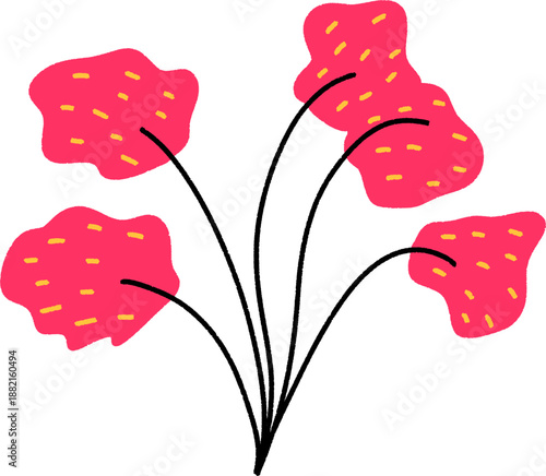 Floral illustration featuring pink flowers with yellow stamens on black stems, Hand drawn botanical blooming floral element