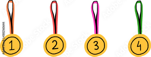 Four gold medals with different colored ribbons and ranking numbers, Winner medals vector illustration