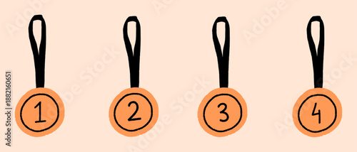 Four gold medals with different colored ribbons and ranking numbers, Winner medals vector illustration