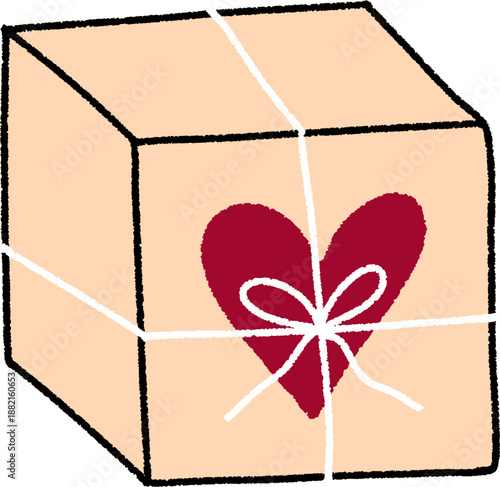Wrapped gift box with a red heart and white ribbon on it symbolizing love, vector illustration