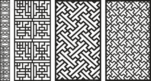 Three black and white geometric jali patterns with intricate