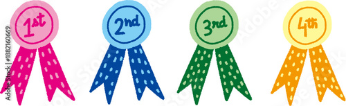 Colorful hand drawn rosettes with rankings for first second third and fourth place awards for children and adults, Ranking medals, contest awards illustration