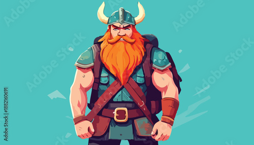 Viking Warrior with Horned Helmet and Fiery Red Beard.