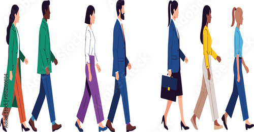 Flat Vector Illustration Set of Diverse Professional People Walking in Trendy Office Attire and Formal Suits.