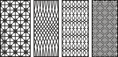 Four black and white jali patterns with geometric and organic