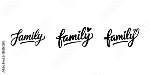Handwritten family script lettering vector set with heart accents