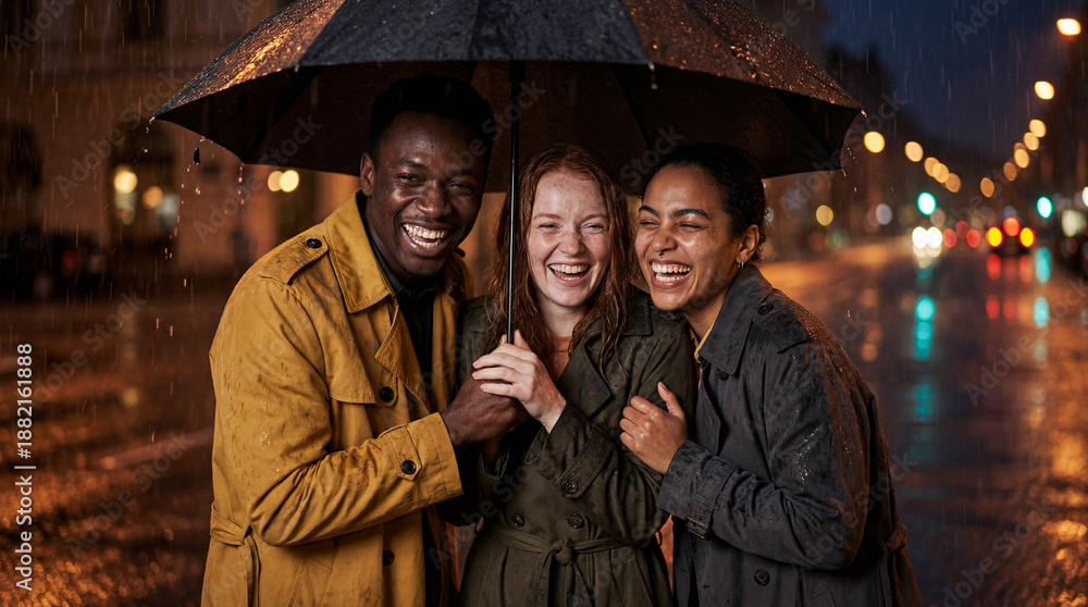Obraz premium A joyful group of three diverse friends laughing together under one umbrella on a rainy city street at night.