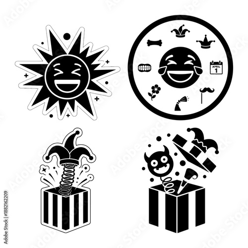 April Fools Surprise Pop Box Emoji Icons With Burst and Badge Black and White Vector Set