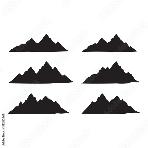 Mountain silhouette. Ridge peak, summit range or cliff massif, alpine terrain and canyon landscape. Black outline minimal mountains shape. Isolated vector set