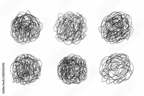Scribble Clew Vector Set. Chaos messy clew lines icons. Hand drawn tangled crazy lines spherical shapes collection. Scrawl doodle circle drawing